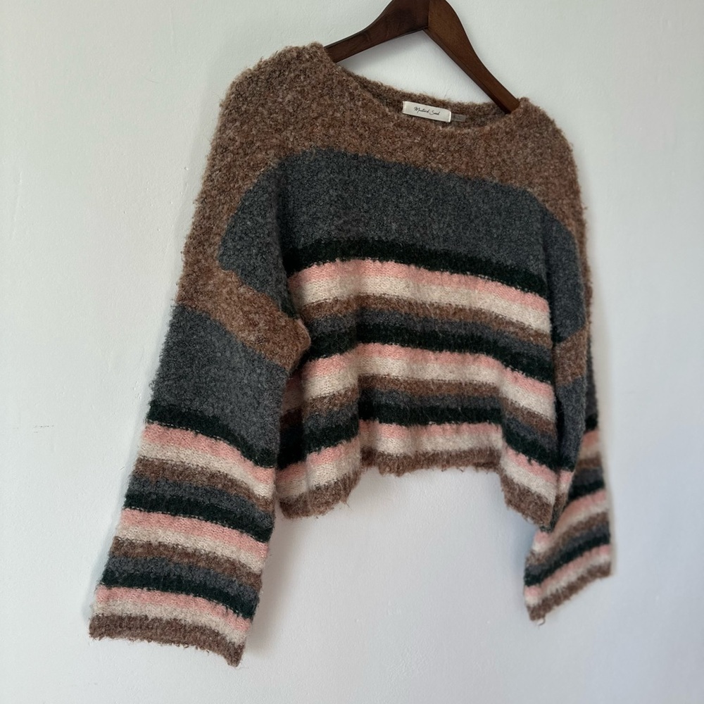 Mustard Seed Cropped Fuzzy Stripe Sweater- Size Small Oversized Fit
